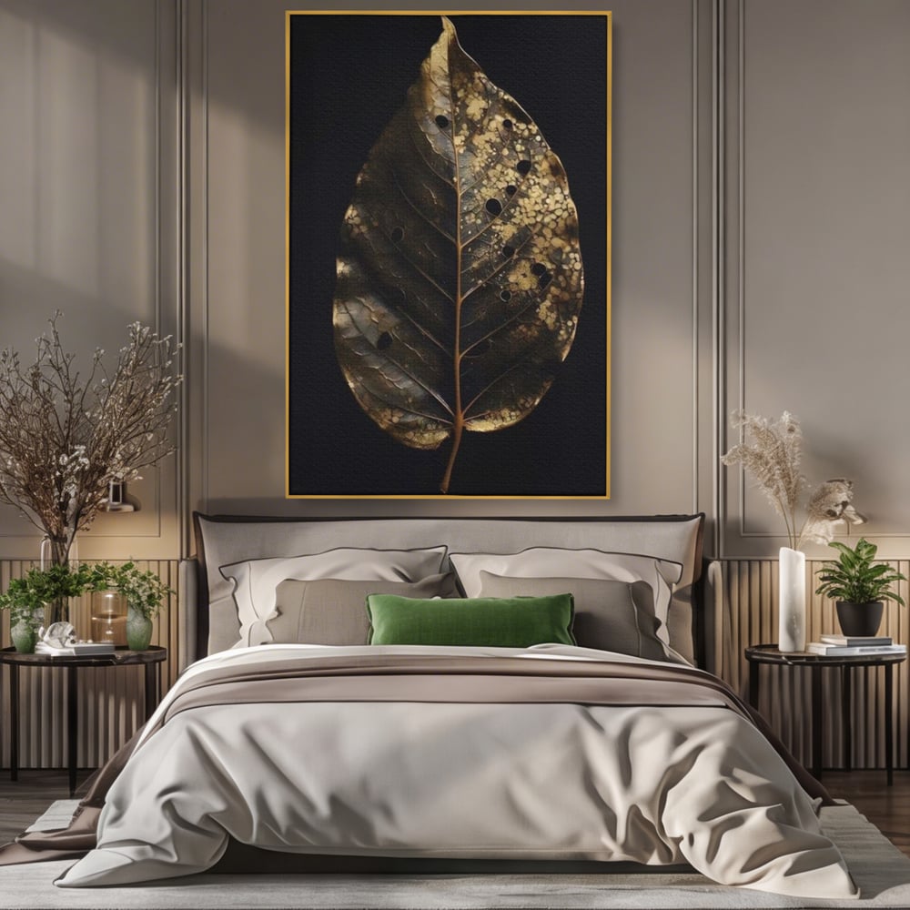 Tablou canvas cu tablou canvas cu frunza uscata, in rama de aluminiu auriu, pe perete intr-un dormitor